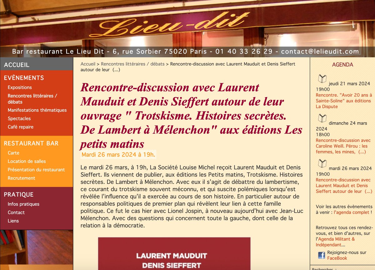 A l'initiative de la Société Louise Michel, rencontre le 26 mars à 19H au <a href="/lelieudit/">Le Lieu-Dit</a> (6 rue Sorbier Paris 20) autour de notre essai #TrotskismeHistoiresSecrètes. Avec des questions qui concernent toute la gauche, dont celle de la relation à la démocratie.

lelieudit.com/Rencontre-disc…