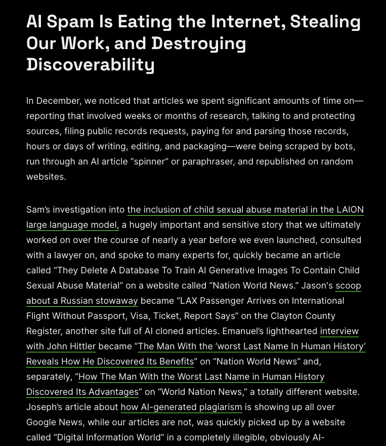 😢 Parasitisme dans les médias. 

Le site américain <a href="/404mediaco/">404 Media</a> se désole du plagiat systématique de ses enquêtes par des sites qui — via l'IA — pompent et reformulent automatiquement son contenu, et via le SEO, captent le trafic Google/ Google News. 

⏩ 404media.co/why-404-media-…