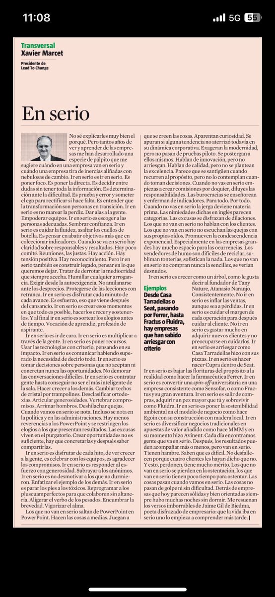 Gran <a href="/XavierMarcet/">Xavier Marcet</a> : EN SERIO
Las cosas pasan cuando vamos en serio. Poco comité. Pocas reuniones. Poco marear la perdiz. Determinación ante la dificultad. Dar alas a la gente. Arrimar el hombro. Hoy en La Vanguardia (17/03/24)