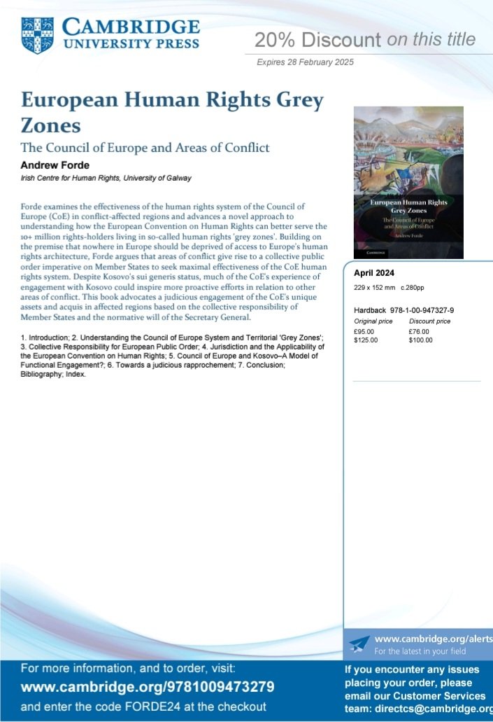 European Human Rights Grey Zones - The Council of Europe and Areas of Conflict will be published by @CambridgeUP next month. 20% off using FORDE24 discount code at checkout Thanks for all the encouragement and support throughout this incredible journey! cambridge.org/ie/universityp…