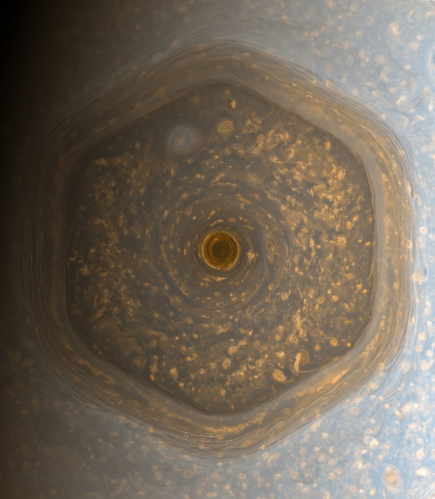 A hexagonal storm with a diameter of 25,000 km raging at the north pole of Saturn.