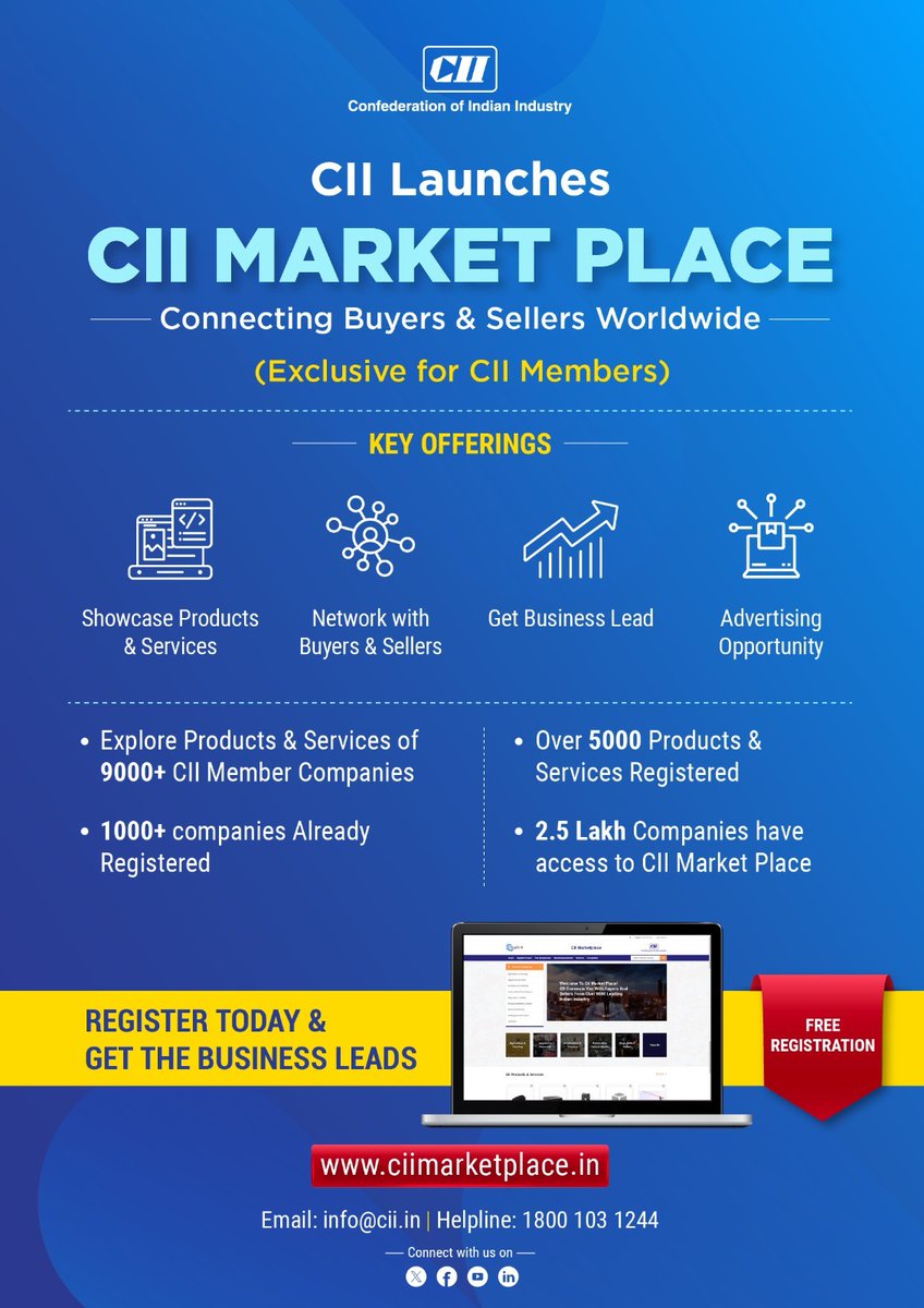 Build new business connections, discover reliable suppliers or customers, and expand your business reach, all in one convenient space - #CIIMarketplace. Explore a diverse range of products & services from leading Indian businesses. Sign up today! ciimarketplace.in #MyCII…