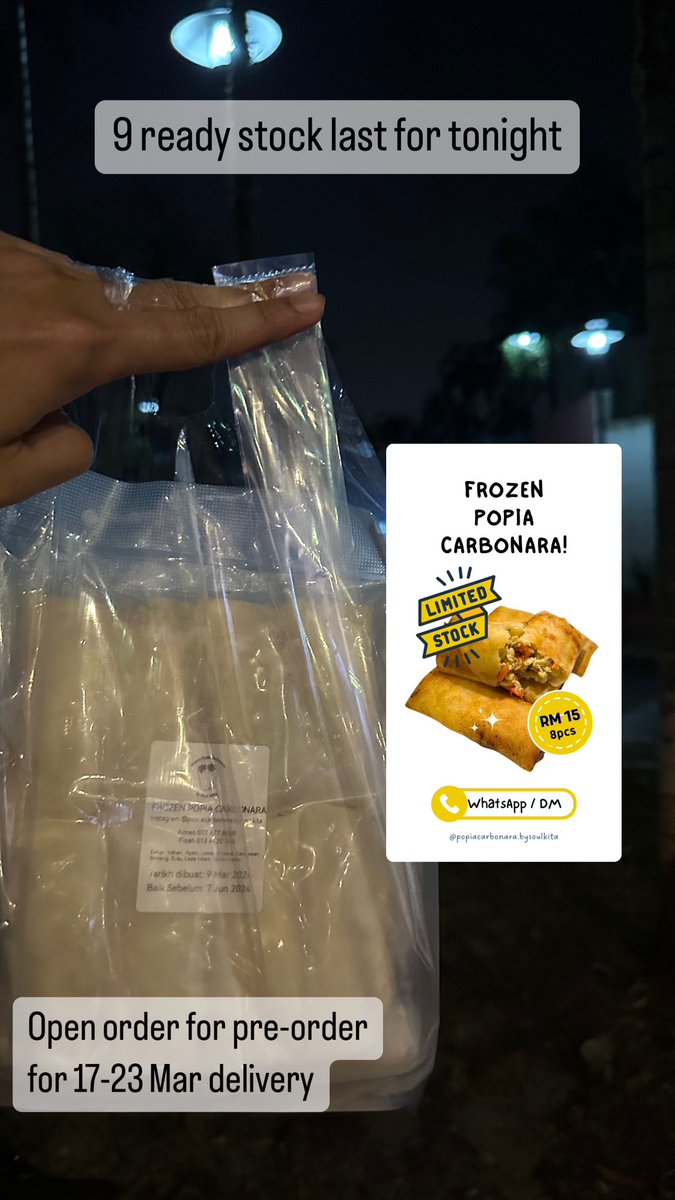 arifaimanisa's tweet photo. Popia Carbonara ready stock, RM 15 per pack. Delivery Klang Valley only ✌🏻 https://t.co/sXdrsf8tpe