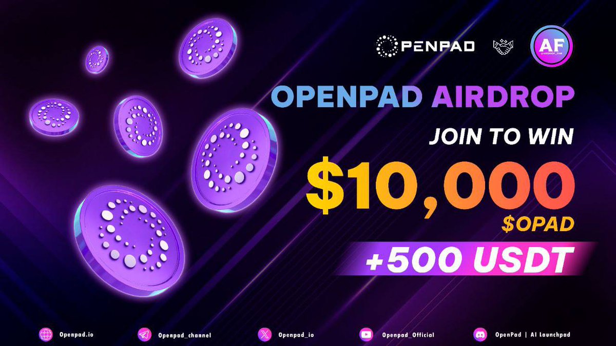 🔥New airdrop: OpenPad 🧑‍🤝‍🧑 Total Reward: $10,000 OPAD Tokens + $500 USDT 🎁 Random 1000 Users: $10 OPAD Tokens 🔝 Top 20 Refers: $25 USDT Each ⏳Distribution: After 27 March, 2024 🔗 Airdrop Link: t.me/OpenPadAirdroB… 👀How to join? - Start Airdrop bot - Complete All…