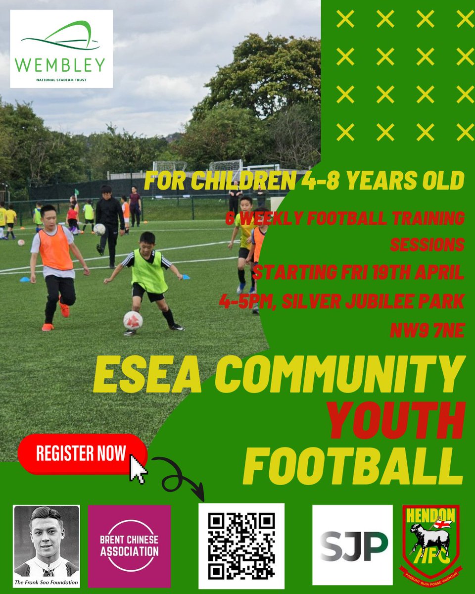 Exciting news! @BrentChinese in partnership with @FSooFoundation @JubileeSilver & @HendonFC r pleased 2 announce #Brent #ESEA Community Young Football Programme-free 6 weekly football training sessions for children from age 4-8, all heritage from #Brent #Harrow #Barnet welcome