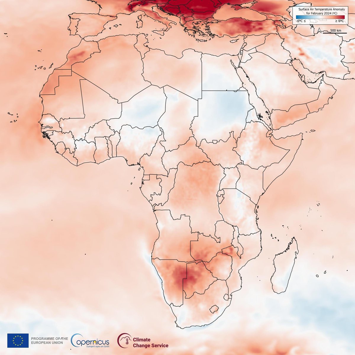 Afrika’da Şubat 2024’te -4 C’ derecelik sıcaklık anomalisi yaşanırken Avrupa’da + 6 C’ derecelik sıcaklık anomalisi yaşandı! 
ERA 5 veri seti, CopernicusClimate dünya çapındaki iklim aşırılıklarını izlemek için değerli bilgiler sağlar. #muglaweather