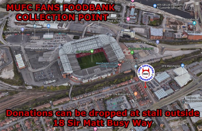 **MATCHDAY ** Heading to Old Trafford for the today?? We will be open from midday up until kick off to accept your donations of Non perishable,tinned or long life food or cash in support of @MSCFoodbank & @Stretfordfb #HungerDoesntWearClubColours @SFoodbanks