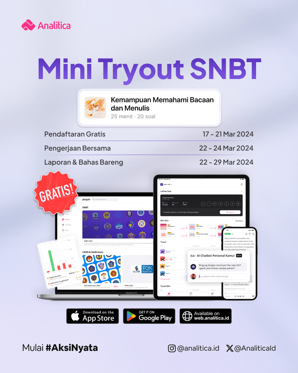 AnaliticaId's tweet photo. [MINI TRYOUT SNBT GRATIS (LAGI)]

⭕Daftar Gratis: 17-21 Maret 2024
⭕Pengerjaan: 22-24 Maret 2024
⭕Laporan & Bahas Bareng: 22-28 Maret 2024

Daftar tanpa perlu tag tag temanmu yang semu itu, cek tweet selanjutnya 👉