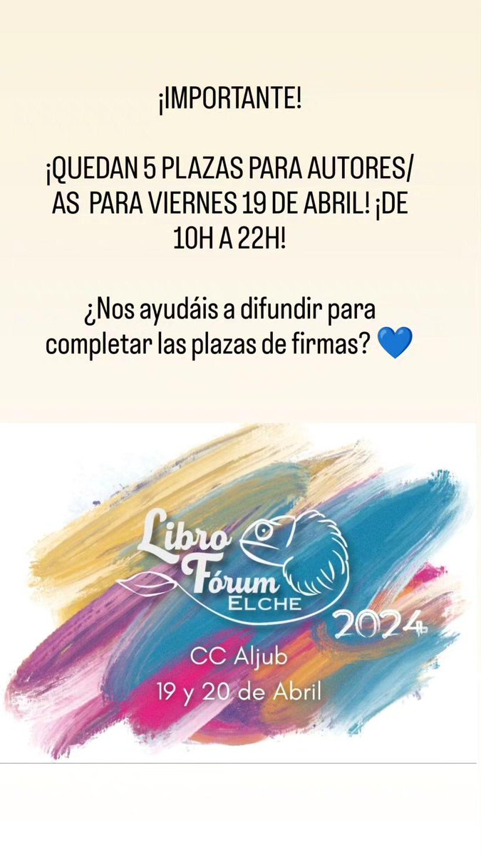 MariaLeivag's tweet image. ¿Eres escritor/escritora y te gustaría formar parte de un evento literario único, divertido y con muy buen ambiente de compañerismo?

¡El 19 y 20 de abril se celebra el #LibroForumElche2!

Si te apetece firmar tus novelas el 19 (de 10h a 22h) escríbeme por privado o al tuit 🥰⬇️