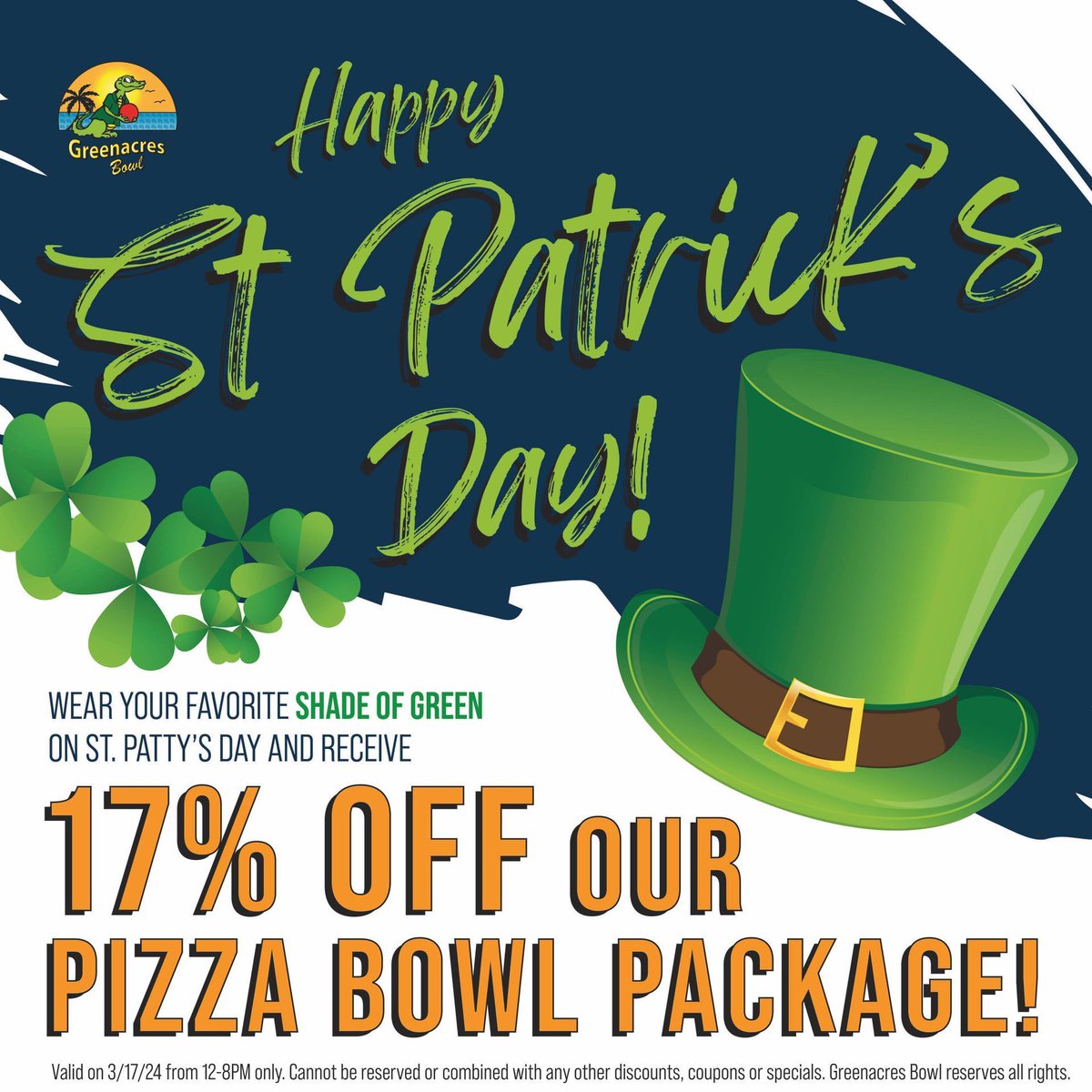 GreenacresBowl's tweet image. Happy St. Patrick's Day!! 🍀🌈 Grab your friends and wear your favorite shade of green for 17% off our Pizza Bowl Special today! Available from 12PM-8PM. See you on the lanes! 🇮🇪

#stpatricksday #potogold #bestbowlingpbc #gatorbowingrocks #shadesofgreen