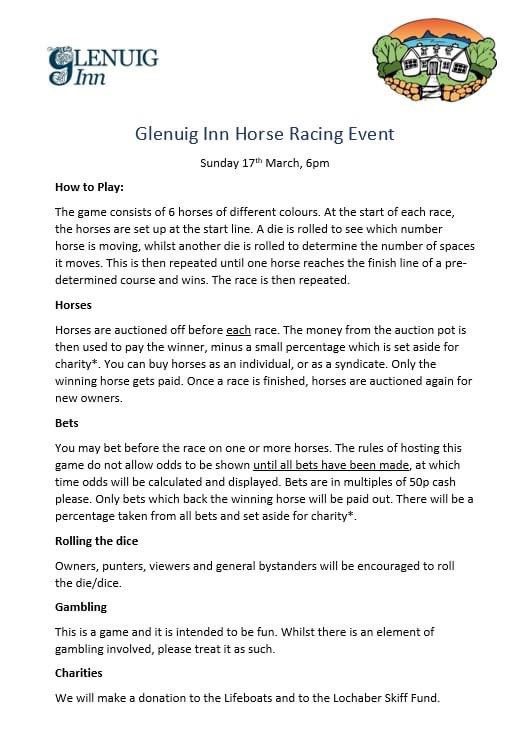 Horse racing event tonight at 6pm. Everyone welcome. Guidance on how to participate (if you wish) attached. Cash only please with percentage given to charity.