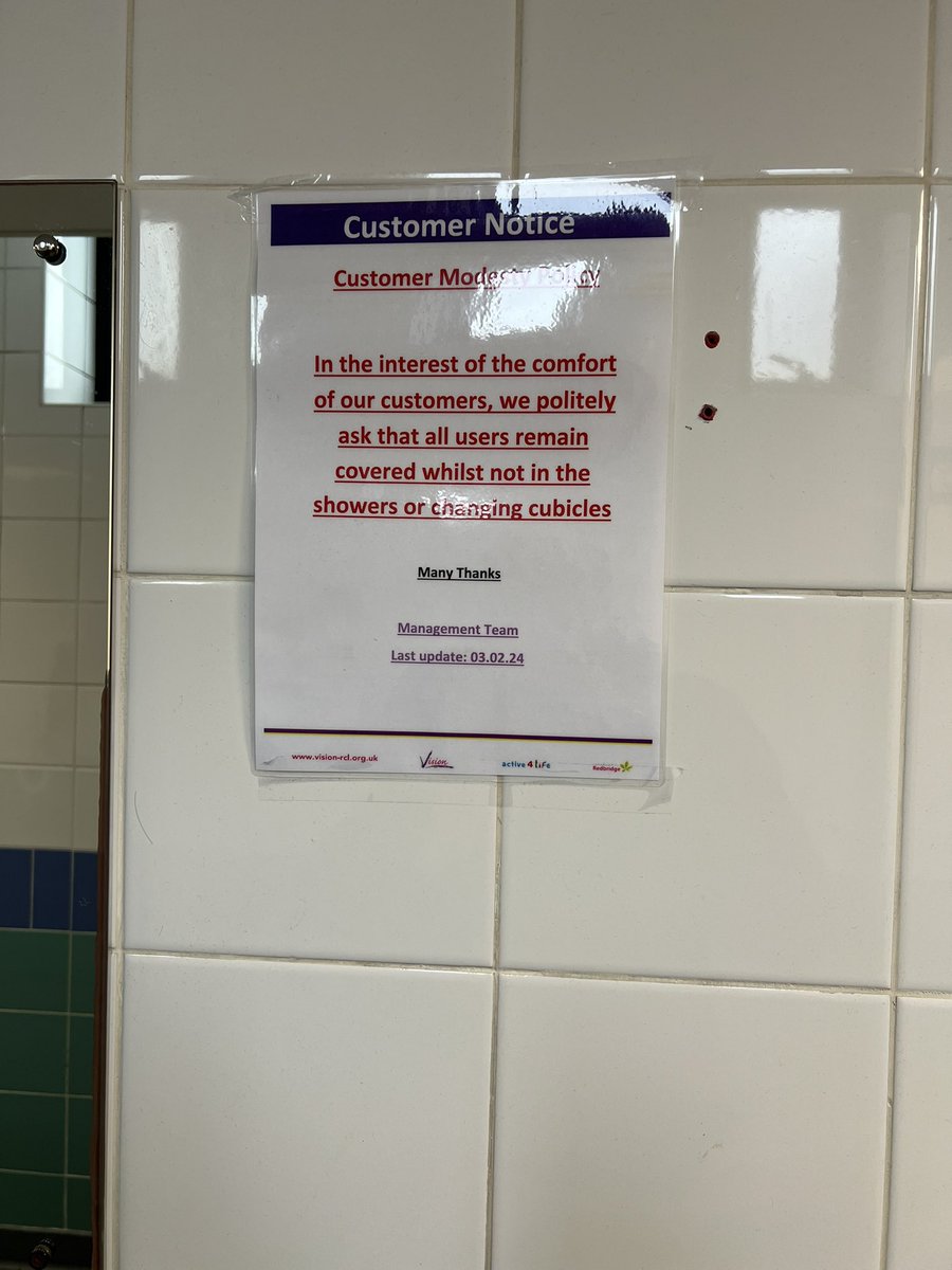 Customer ‘Modesty Policy’ at @RedbridgeLive public swimming pool. What is becoming of this country ? If these customers are not comfortable seeing people in swimsuits, they are welcome to stay home.