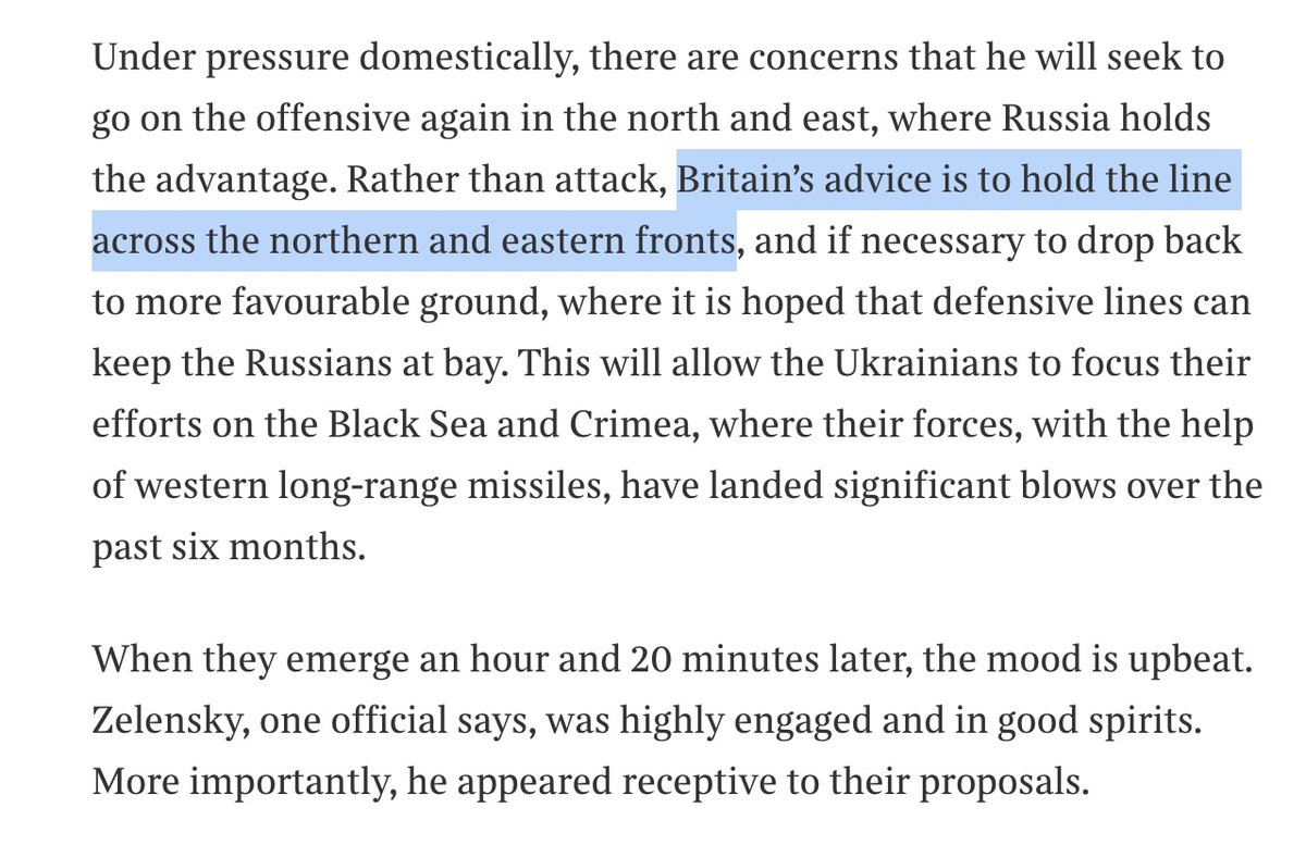 Britain's strategy for Ukraine 2024 (per Sunday Times) - go defensive on land because there are not enough weapons available Realistic perhaps, but what happens if the US never comes through? Isolating Crimea one idea; taking it back without land power, another