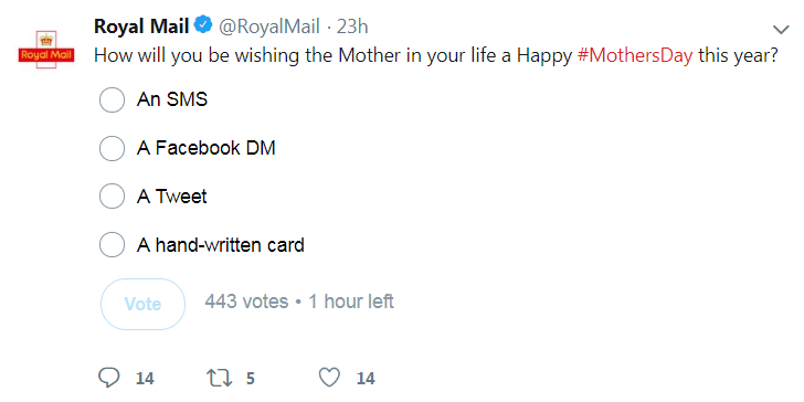 rshotton's tweet photo. Brilliant tweet from the Royal Mail about Mother's Day and costly signalling

Sometimes meaning comes from the cost of time and effort https://t.co/E3z0D7ikGv
