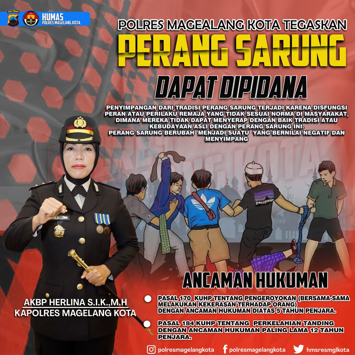 hmsresmglkota's tweet photo. Polres Magelang Kota Tegaskan Pelaku Perang Sarung Bisa Dipidana
Dulur-dulur di bulan Suci Ramadhan ini, marilah kita perbanyak ibadah dan mengisi kegiatan yang positif π
#polresmagelangkota #kotamagelang #perangsarung https://t.co/JoHJf2Hbu3