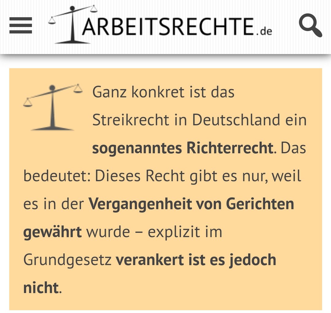 @Fuchsbau_22 @tagesschau @DjirSarai Streik ist in keinem Gesetz definiert.
Im GG gibt es das schonmal gar nicht.

Dort (9(3))wird geregelt, dass man Vereinigungen/Gewerkschaften gründen darf.

Alles andere ist Interpretation.

'Streik' ist ein sog. 'Richterrecht'.