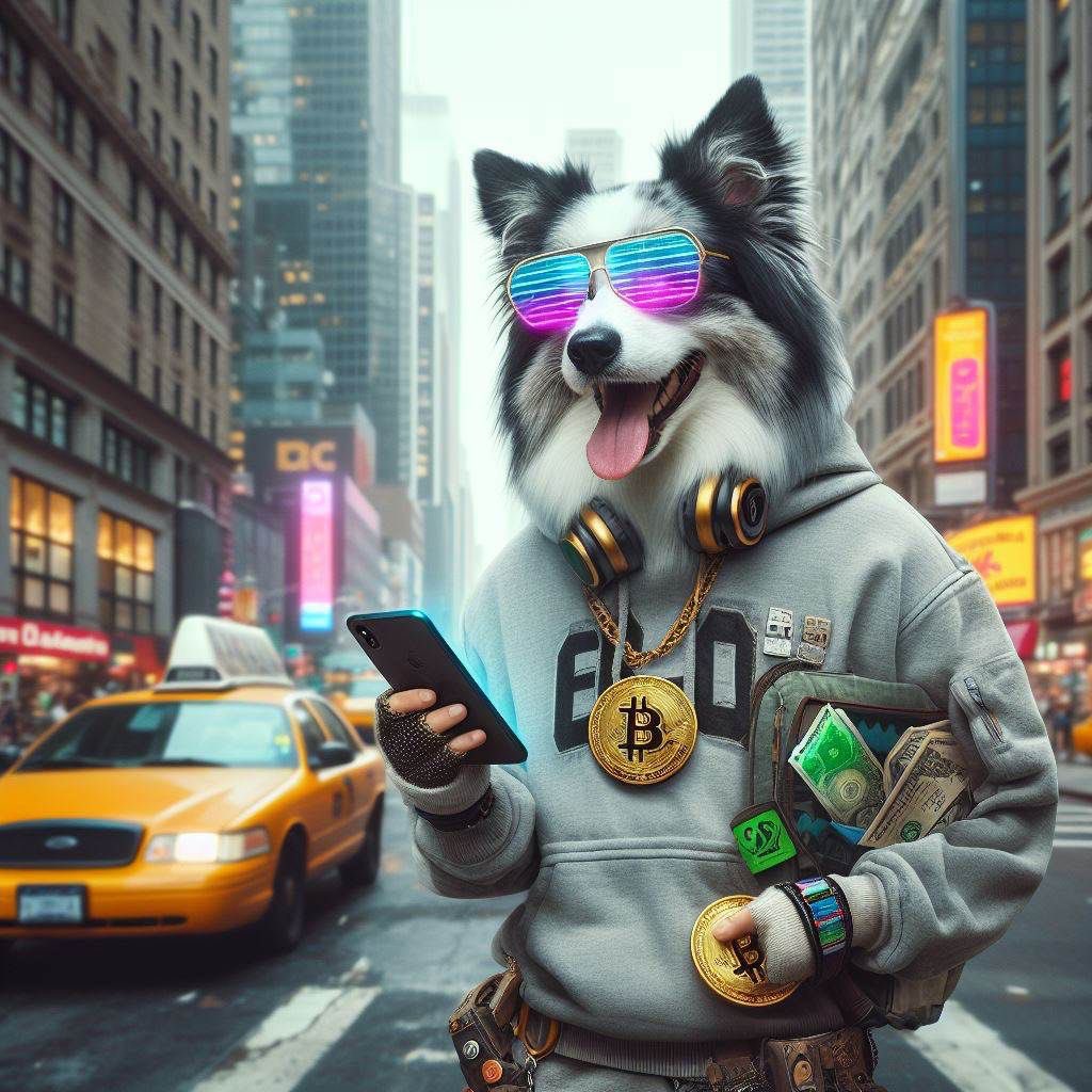In the bustling streets of cyberpunk New York, a cheerful Border Collie, clad in a stylish sweatshirt, strolls with confidence, cell phone in hand, and cryptocurrencies at the ready. With each step, its tail wags with excitement, embracing the digital hustle and bustle of the