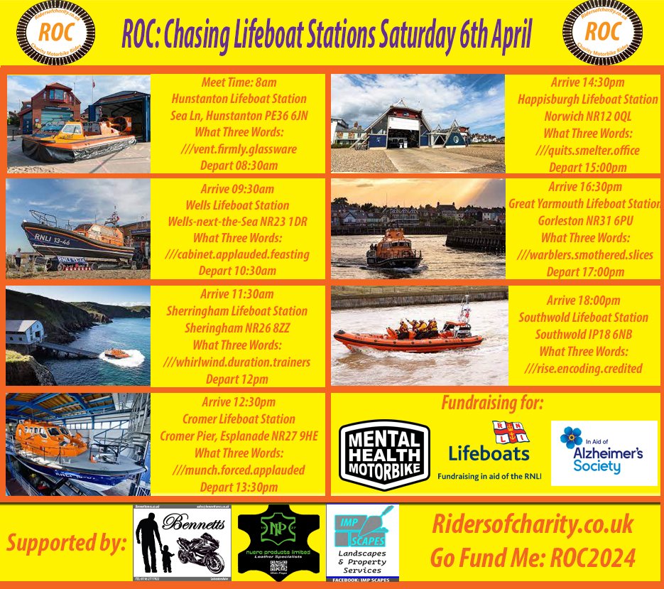RocRiders's tweet image. Only a couple of weeks to go before we launch our 2024 #charity #motorbike campaign #fundraising for @alzheimerssoc @mhmotorbike &amp;amp; @RNLI Saturday we will visit @RNLIHunstanton Wells @SheringhamRNLI @CromerRNLI @RNLIHappisburgh @GorlestonRNLI @Southwold_rnli