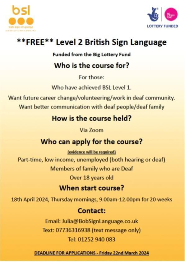 Anyone looking for level 2 BSL lessons.