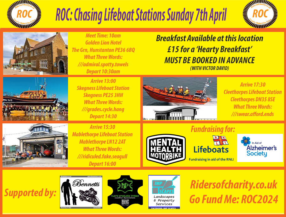 RocRiders's tweet image. Sunday we visit; @RNLIskegness @Mablethorpernli &amp;amp; @RNLICleethorpes 
#motorcycle riders from across the #UK uniting and riding together to #Fundraise and give some #Awareness to our chosen charities for 2024.