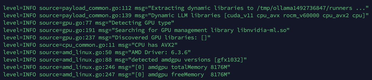rafa3d's tweet photo. Getting an average of 33 tokens/s with i9 and AMD 6600M 8GB on Ubuntu Server 22.04.4 and Ollama 0.1.29, gemma 430ed3535049 model. Btw previous installations were erratic, switching to the cpu with 8 tokens/s #linux #ollama #amd #6600m #rocm #gfx1032 #HSA_OVERRIDE_GFX_VERSION https://t.co/KymgQV7Y4q