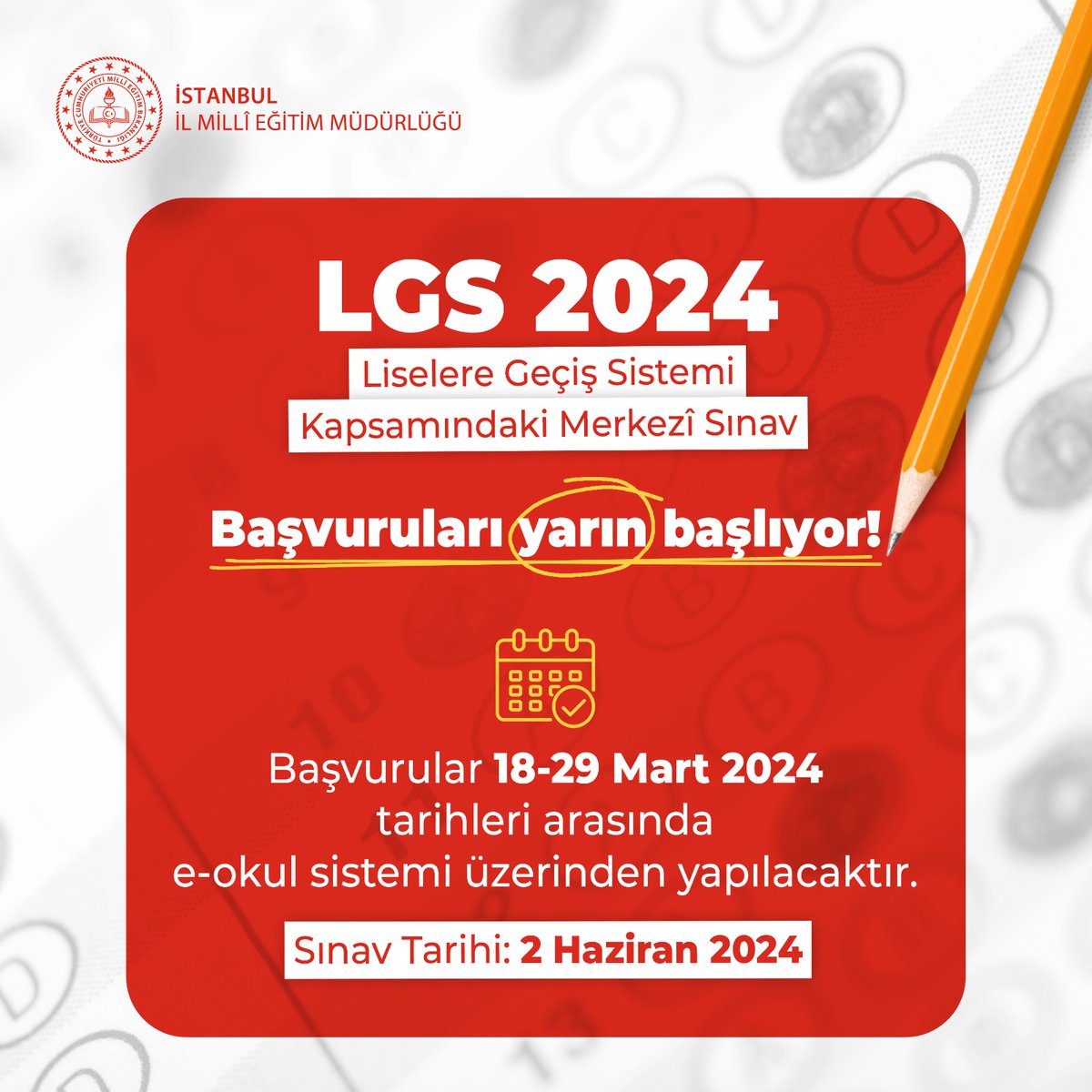 📢 Sevgili Öğrenciler, Millî Eğitim Bakanlığımızca bu yıl 2 Haziran 2024 tarihinde gerçekleştirilecek Liselere Geçiş Sistemi (LGS) kapsamındaki Merkezî Sınav başvuruları yarın başlıyor. 🔹Başvurular 18-29 Mart 2024 tarihleri arasında e-okul sistemi üzerinden yapılacaktır. 🔗…
