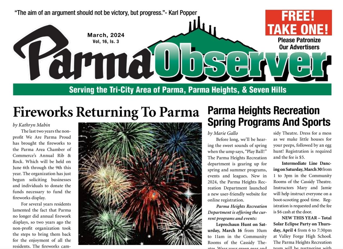 ParmaObserver's tweet image. NOW AVAILABLE: The March 2024 issue of the Parma Observer is out now and is available online! 🐣 🇺🇸🇺🇦
media.parmaobserver.com/issue_pdfs/Par…