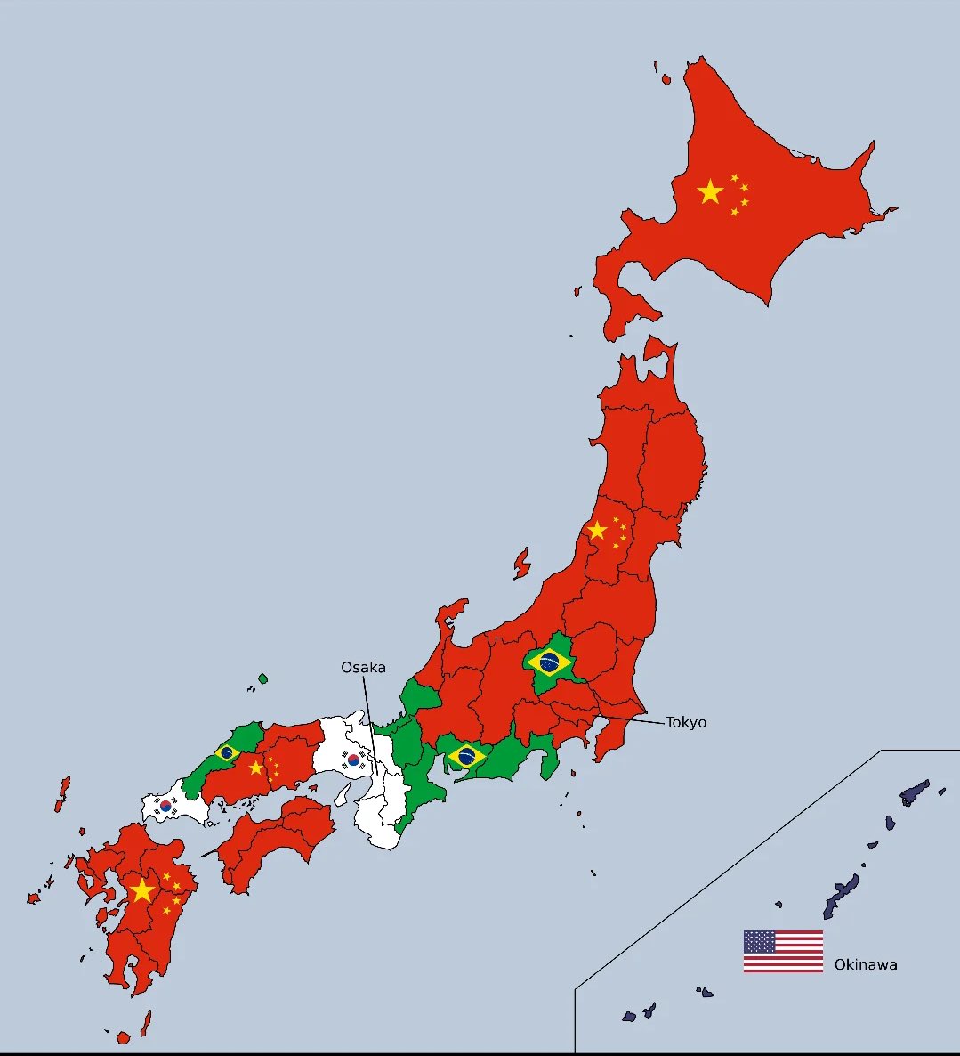 Most common foreign nationals in Japan, by prefecture.