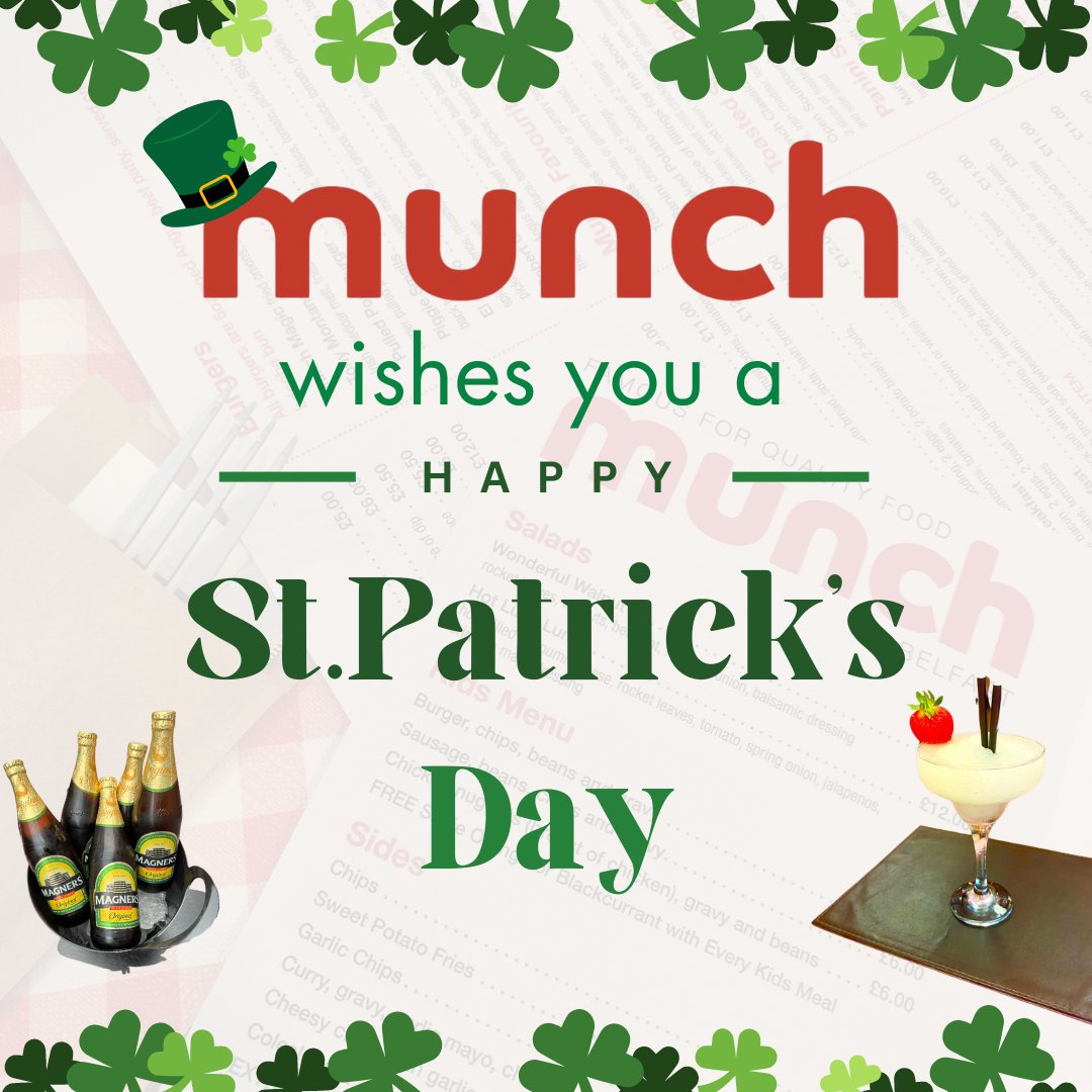 munch_belfast's tweet photo. ☘️Munch would like to wish all our friends and customers a very happy St. Patrick's Day☘️

Be sure to call round to Munch for some great drink deals to celebrate 🎉

Choose from any 2 cocktails for £12🍸

Or choose any 5 small bottles of wine, beer or cider for £20 🍺

#munch https://t.co/rwZ7GKRuiE