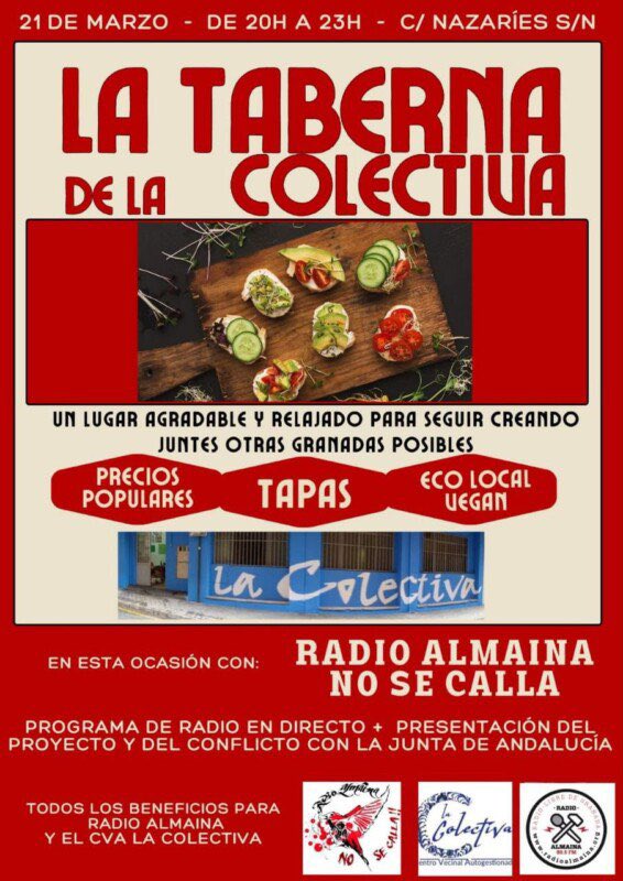 Te esperamos este JUEVES 21M, DE 20h A 23h en la Taberna de #cvalacolectiva   (C/Nazaríes): tapas veganas, cerveza artesana y mucho más pa seguir creando juntes otras Granadas posibles 🍻✨👊🏼 Contra el intento de censura #RadioAlmainaNoSeCalla! 

radioalmaina.org/2024/03/17/21-…