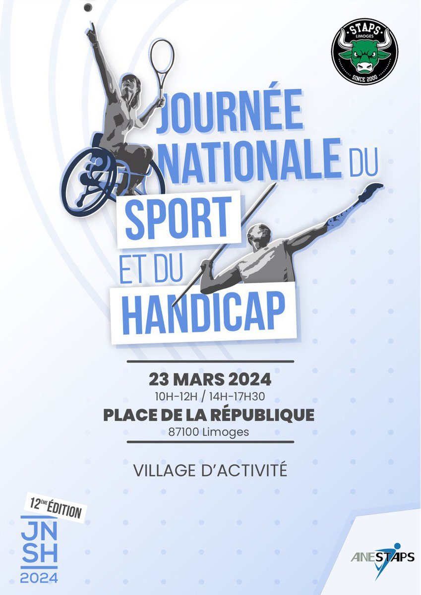 VilleLimoges87's tweet photo. Journée nationale du sport et du handicap organisée par @LimouziStaps, samedi 23 mars place de la République #Limoges. Sur place, un village partenaire sera présent pour faire connaître les différents acteurs du monde handisport https://t.co/rjYHD8tNx3