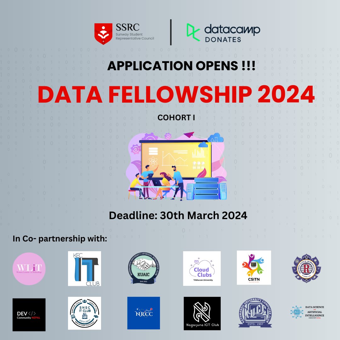 sunwaysrc's tweet photo. 🚀 Exciting news!

The wait is finally over as we proudly announce the return of Data Fellowship 2024

📅 Act fast! The application deadline is March 30th. Apply now through the form linked below.

https://t.co/oVEKo6knHk

#datafellowship #DataScience #DatacampDonates #SSRC https://t.co/FHcWmb9yRo