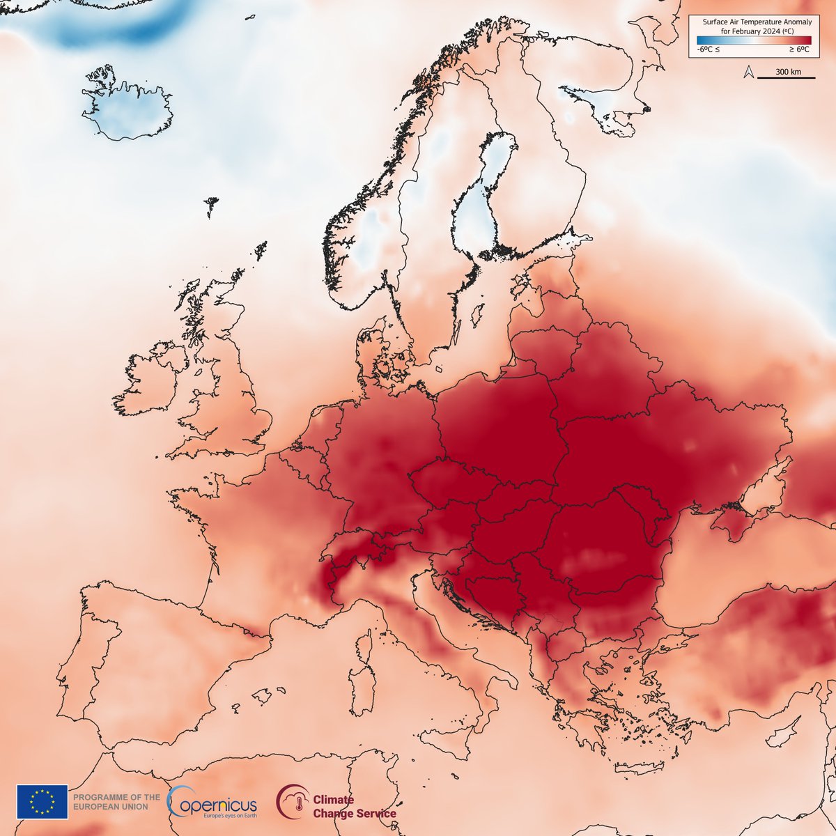 5/7 The ERA5 dataset from our #CopernicusClimate Change Service provides valuable information for tracking climate extremes around the world🌡️ ⬇️ Monthly surface air temperature anomaly in Europe in February 2024 #EUGreenDeal More at climate.copernicus.eu/surface-air-te…