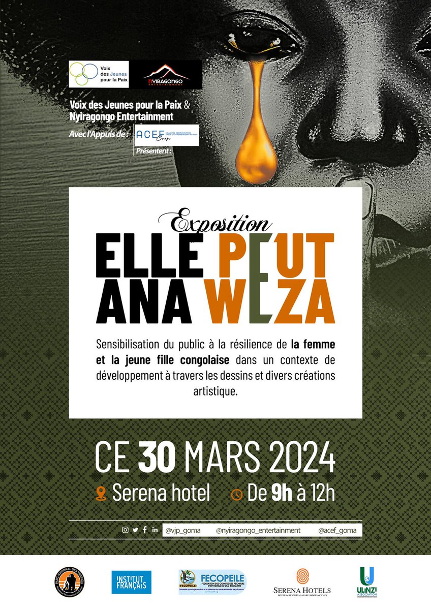 vjpasbl's tweet photo. Nous avons le plaisir de vous annoncer notre conférence et exposition qui va sanctionner le mois dédié aux droits des femmes.
Cette activité « Elle peut/ ANA WEZA »va promouvoir les efforts des jeunes filles et femmes du Nord-Kivu.

C’est pour ce 30 mars 2024 à @goma_hotel https://t.co/yktDwPmIiT