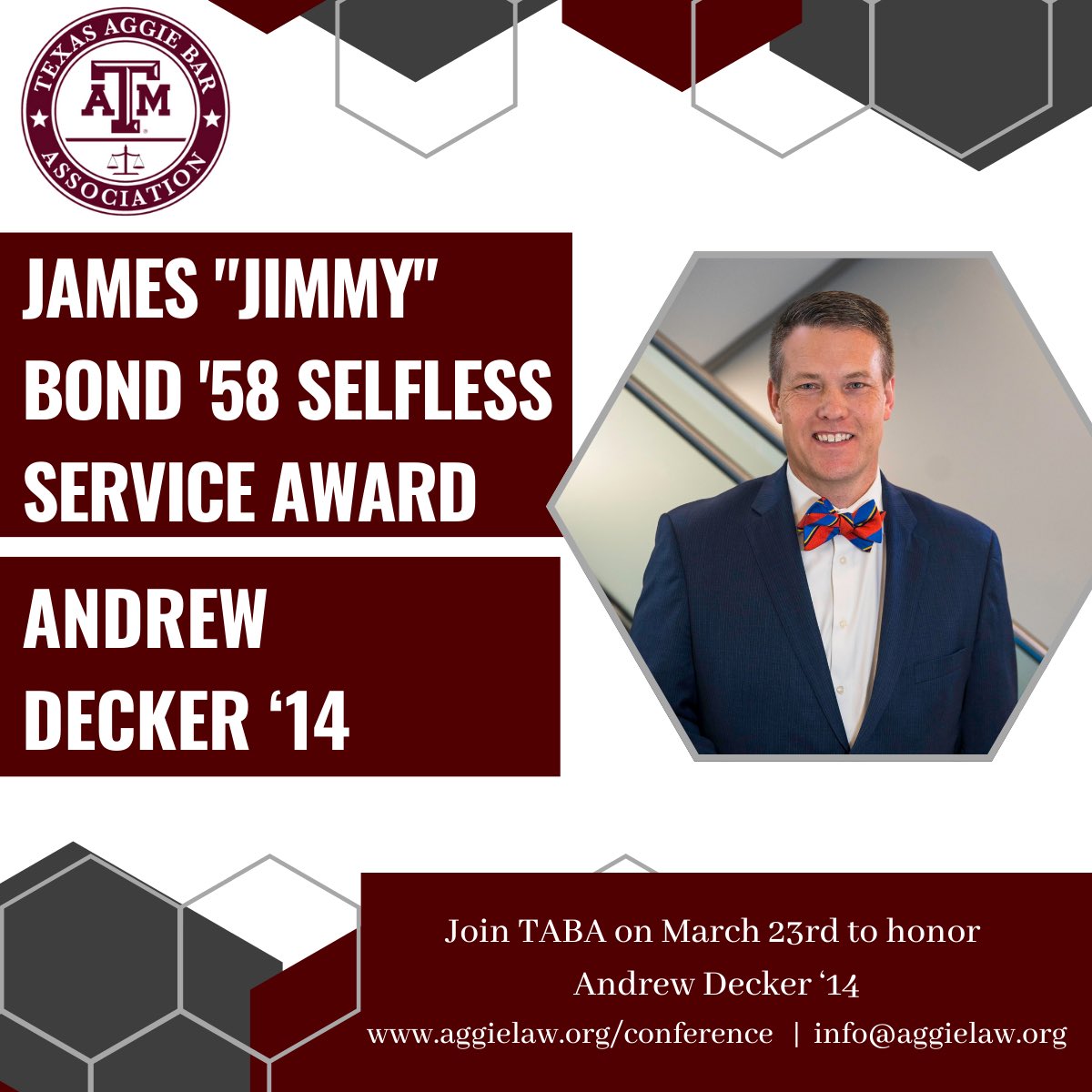 tabalaw's tweet photo. The James “Jimmy” Bond '58 Selfless Service Award goes to a non-board member that demonstrates the @tamu core value of selfless service to TABA through committee roles, special events, &amp; other service. 

👏🏻Our 2024 recipient is Andrew Decker ‘14 👍🏻⚖️👍🏾 https://t.co/kwVJVtfkCz