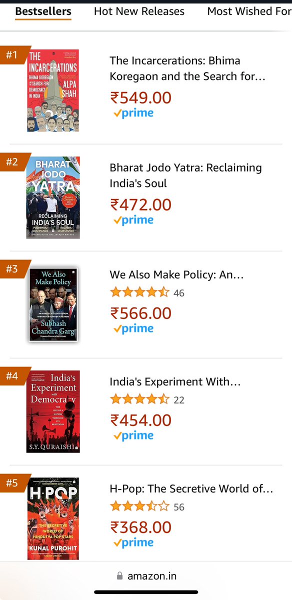 Fabulous to see @HarperCollinsIN dominate this #bestseller list! ‘The Incarcerations’, ‘Bharat Jodo Yatra’, ‘We Also Make Policy’, ‘India’s Experiment with Democracy’, ‘H-Pop’. Congratulations @alpashah001, @PushparajVD, @RuchiraC, @Subhashgarg1960, @DrSYQuraishi, @kunalpurohit!