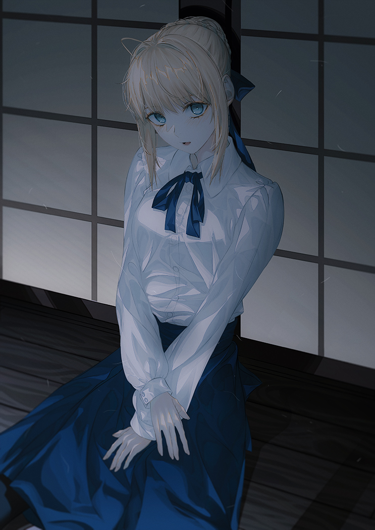 artoria pendragon (fate) ,saber (fate) 1girl solo looking at viewer open mouth blue eyes shirt skirt  illustration images