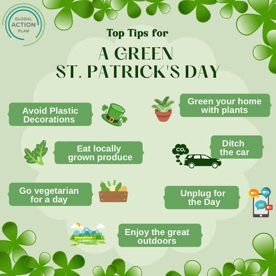 Celebrate St. Patrick's Day sustainably! Choose eco-friendly clothes, drinks & decorations, plan meals mindfully, celebrate locally & travel wisely. Let's have fun while protecting the planet!🍀 #sustainablestpatricksday #StPatricksDay #GoGreen #sustainableliving #climateaction