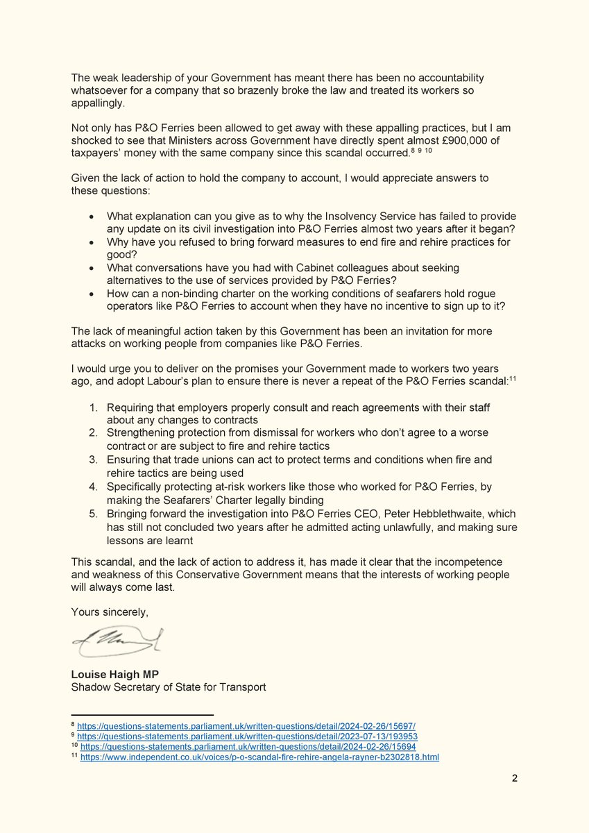 Two years ago today, P&O Ferries illegally sacked 786 people and replaced them with agency workers paid less than minimum wage. Since then, nothing has been done to tackle the exploitative practices at the heart of this scandal. My letter to the Government 👇
