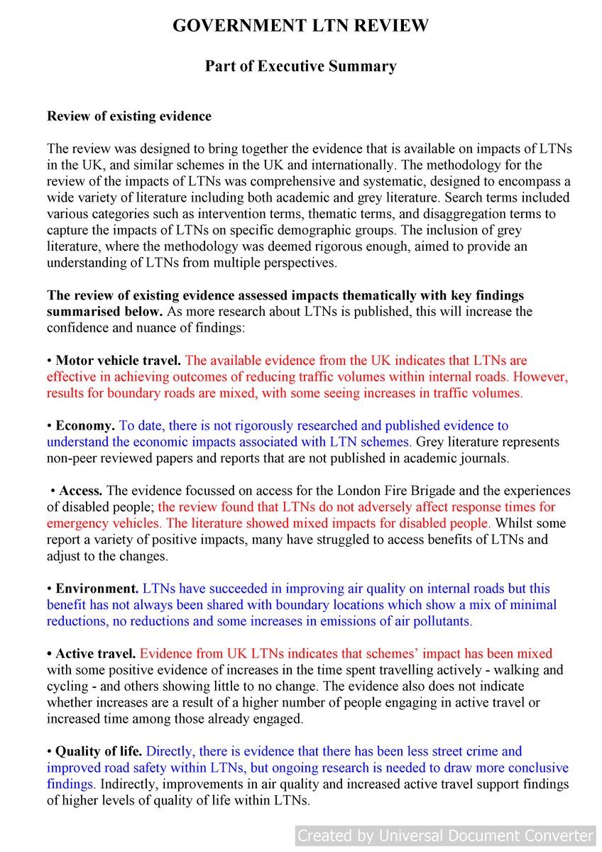 Here is the Government's LTN Review. It is 79 pages. assets.publishing.service.gov.uk/media/65f400ad… Below is part of the Exec Summary (highlights are mine). It paints a very mixed picture of LTNs & endorses much of their opponents have argued.