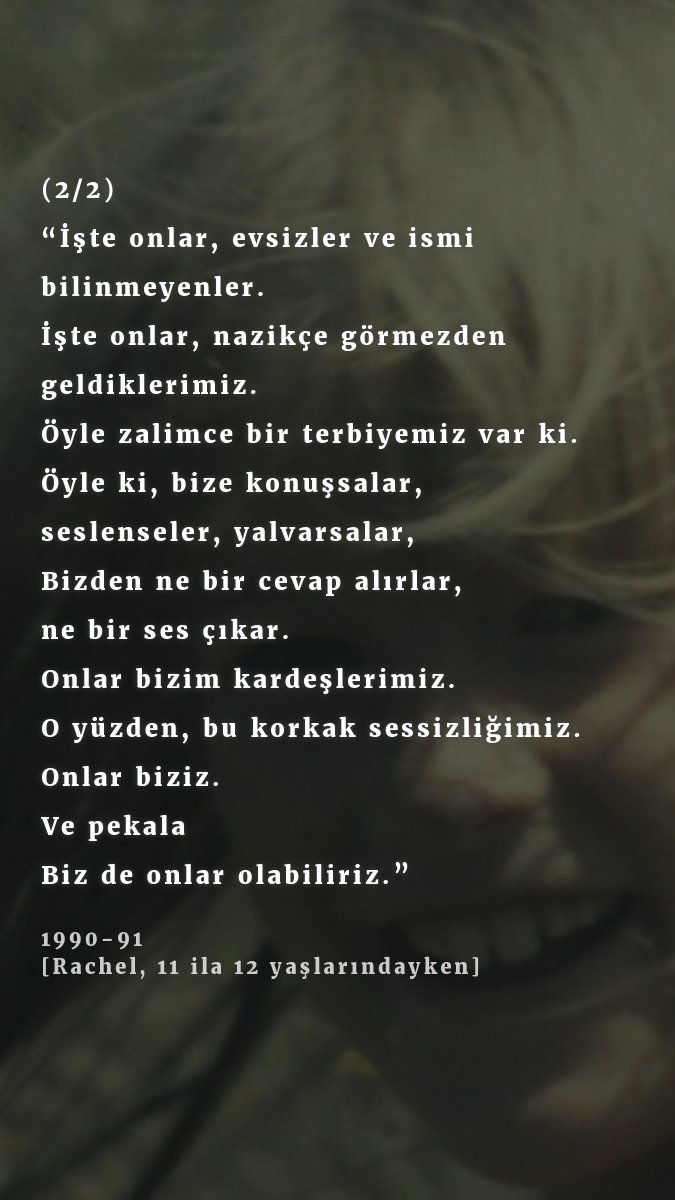 Rachel Corrie 21 yıl önce bugün Refah'ta karşısına dikildiği İsrail askeri buldozeri tarafından katledildi. Aynı zamanda bir yazar, şair ve sanatçıydı Rachel. Küçük yaşlarda kaleme aldığı bazı metinleri çevirerek ilginize sunuyoruz. Hürmetle...
karpuzcevirdegi.com/rachel-corrie-…