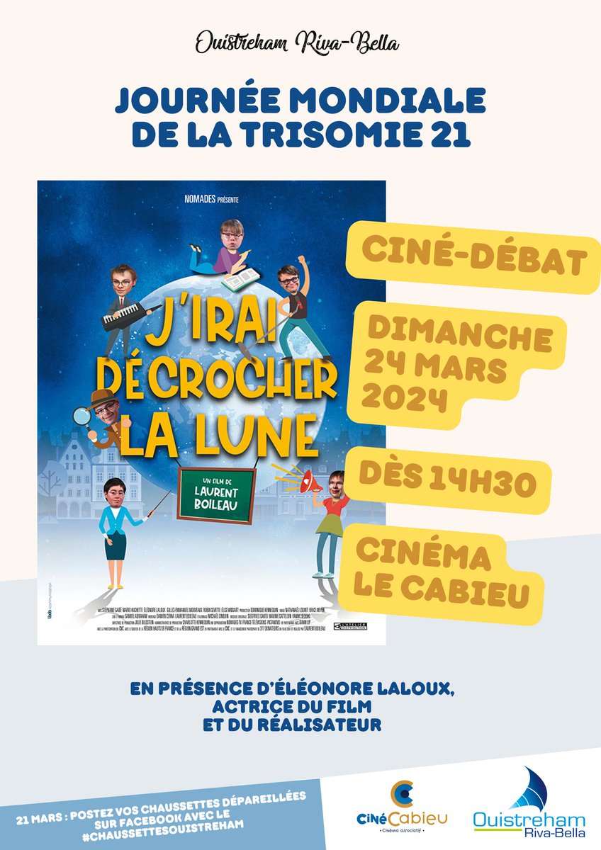 Rdv dimanche 24 mars à @OuistrehamRB pour la projection de #JiraiDecrocherLaLune au cinéma Le Cabieu. En présence d'#EleonoreLaloux. #trisomie21 #calvados #handicap #inclusion