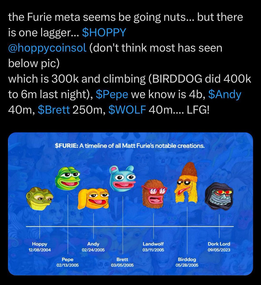 FalairMonkey's tweet photo. @MartiniGuyYT Meme coins are going to run cataclysmic over the next few days. Only the big balls will be multisquilionairs by Wednesday… $hoppy $pepe $brett $andy $birddog https://t.co/i2M9hAw9uD
