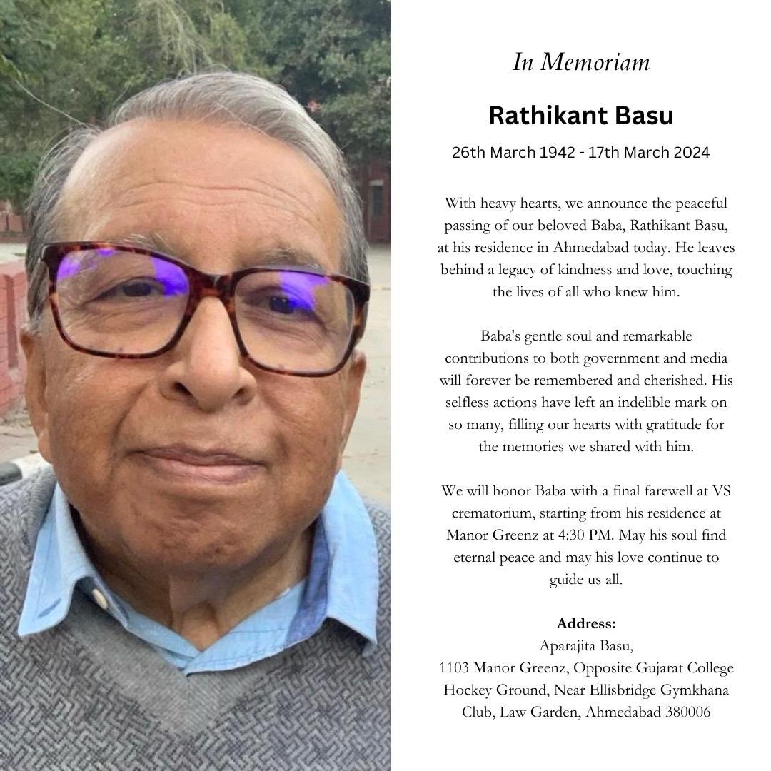 RIP Mr Basu. Almost all of us who started in television in the Nineties owe him a huge debt of gratitude. He was a visionary who succeeded in both the IAS & the private sector & fathered the satellite TV revolution in India. My condolences to the family.