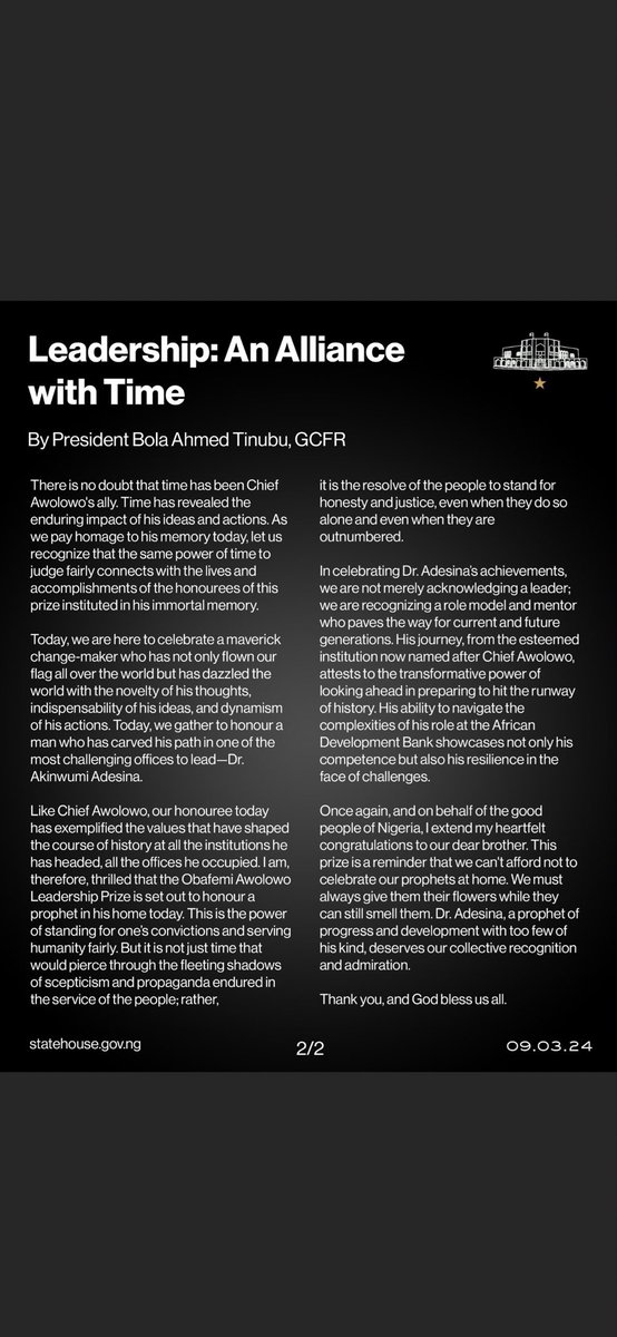 Thank you very much Your Excellency President Bola Ahmed Tinubu, GCFR, @officialABAT for your high commendation and generous words of encouragement on my award of the Awolowo Prize for Leadership. @NGRPresident @SuluhuSamia @SahleWorkZewde @Presidence_RDC @Azali_officiel
