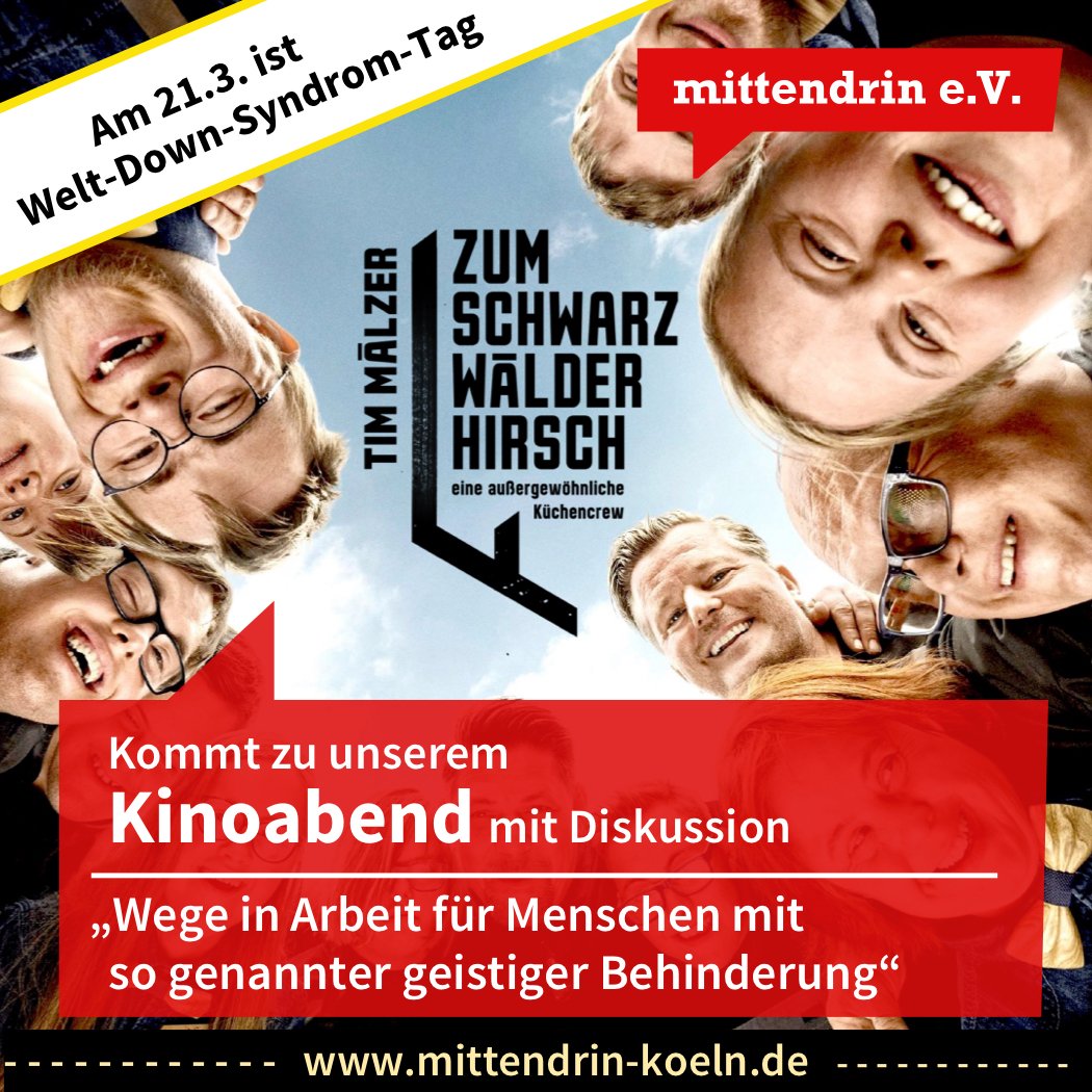Kinoabend des mittendrin e.V. zum Thema Teilhabe an Arbeit, am #WDST: Mit dem Film #SchwarzwälderHirsch - ein Jahr danach und Podiumsgespräch u.a. mit @TheDirtyDietz , Jan Ginader und Produzent Sascha Gröhl <a href="/vitamedia_corp/">VITAMEDIA INC</a>  #Inklusion #Koeln . Karten hier: cineplex.de/film/zum-schwa…