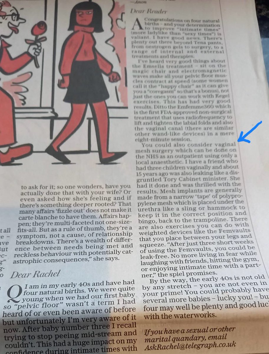 Did you write this article in @Telegraph, @RachelSJohnson ? The mesh procedure referred to is no longer available in the UK. This is the case since July 2018, due to serious safety concerns. Also, this surgery cannot be done in an outpatient clinic. At least not in the UK.