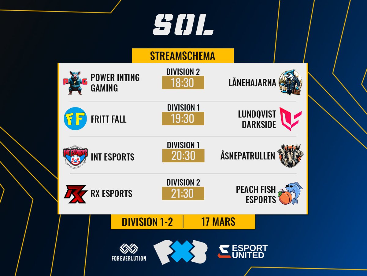 🚨 Säsong 8 | Division 1-2 | Streamschema 🚨 🕕 18:30 | Div 2 Power Inting Gaming 🆚 Lånehajarna 🕖 19:30 | Div 1 Fritt Fall 🆚 Lundqvist Darkside 🕗 20:30 | Div 1 INT Esports 🆚 Åsnepatrullen 🕘 21:30 | Div 2 RX Esports 🆚 Peach Fish Esports