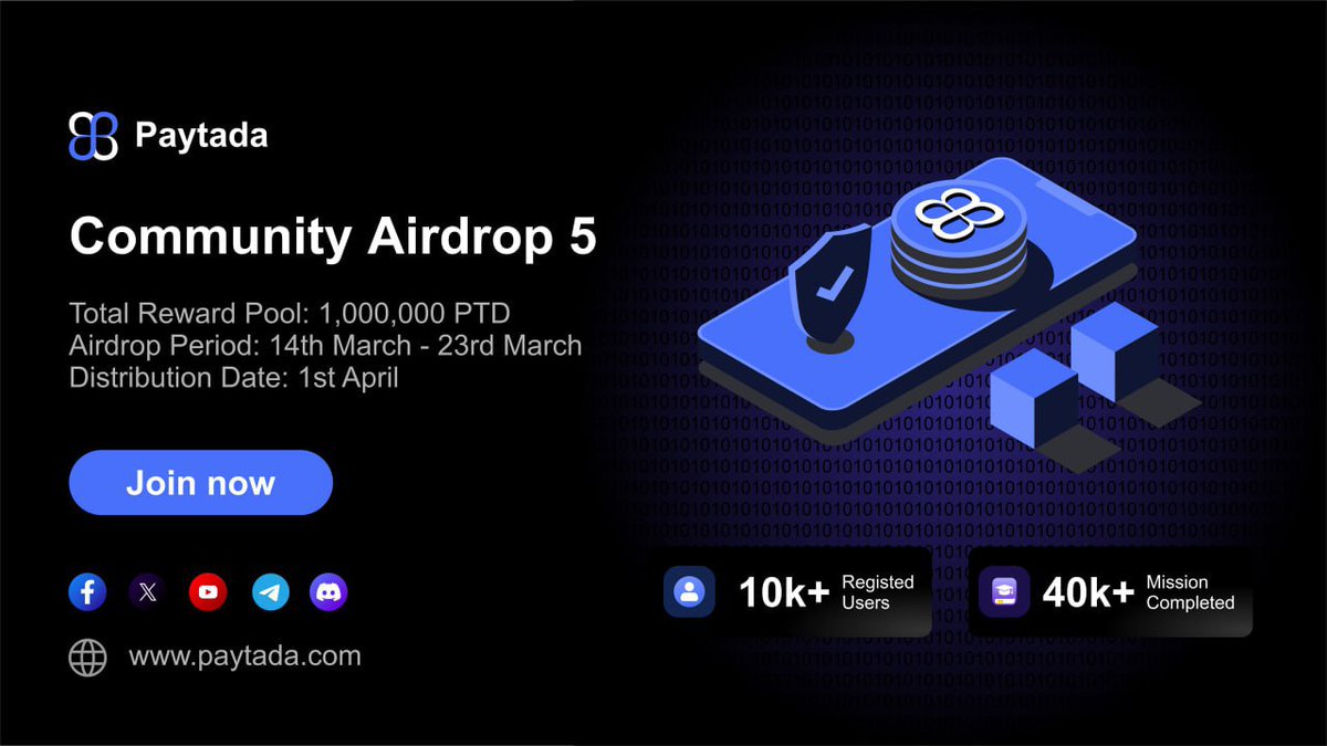 🚨 Airdrop: Paytada Exchange (5th Round)
🔥 Prize Pool: 1,000,000 PTD (~$10,000)
🏆 Winners: 2000 Random &amp; Top 300
📅 End Date: 23rd March 2024
🚀 Distribution: 1st April 2024

ℹ️ Airdrop Link: t.me/Paytada5thRoun…