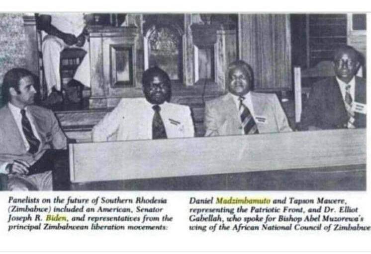 ProfJNMoyo's tweet photo. #SundayFlashback
PICTURE [from extreme left]:  A young Senator Joseph R. Biden, now 81-year-old US President seeking reelection for a second and final consecutive term, shown here meeting with Daniel Madzimbamuto and Tapson Mawere [Patriotic Front], and Dr Elliot Gabellah [UANC); in the US on 6 December 1979!